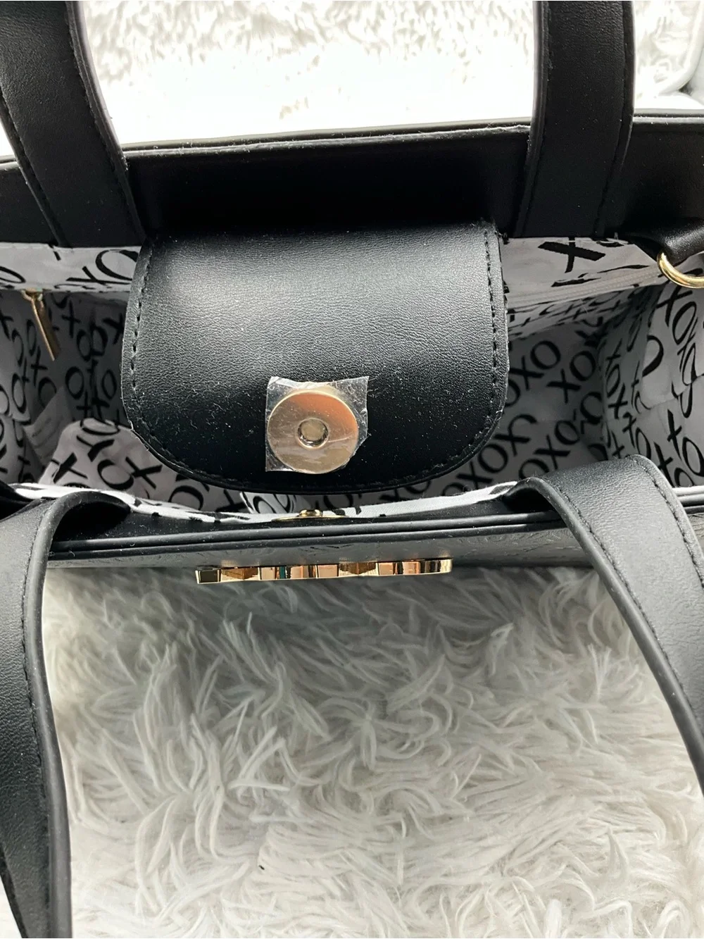 XOXO Black Embossed Logo Satchel Crossbody Bag with Gold Hardware